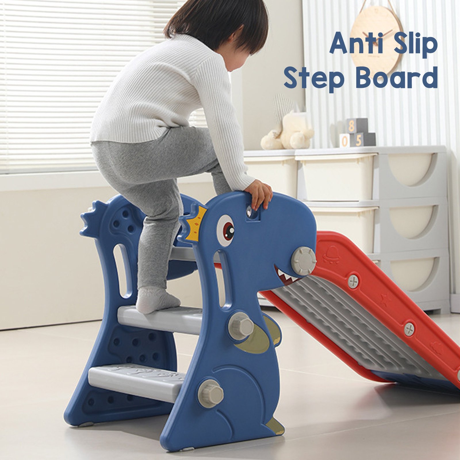 Toddler Indoor Slide For 0 To 3 Years Old Easy Assembly Dinosaur Shape Foldable Slide With Basketball Hoop Stairs Blue - Image 9
