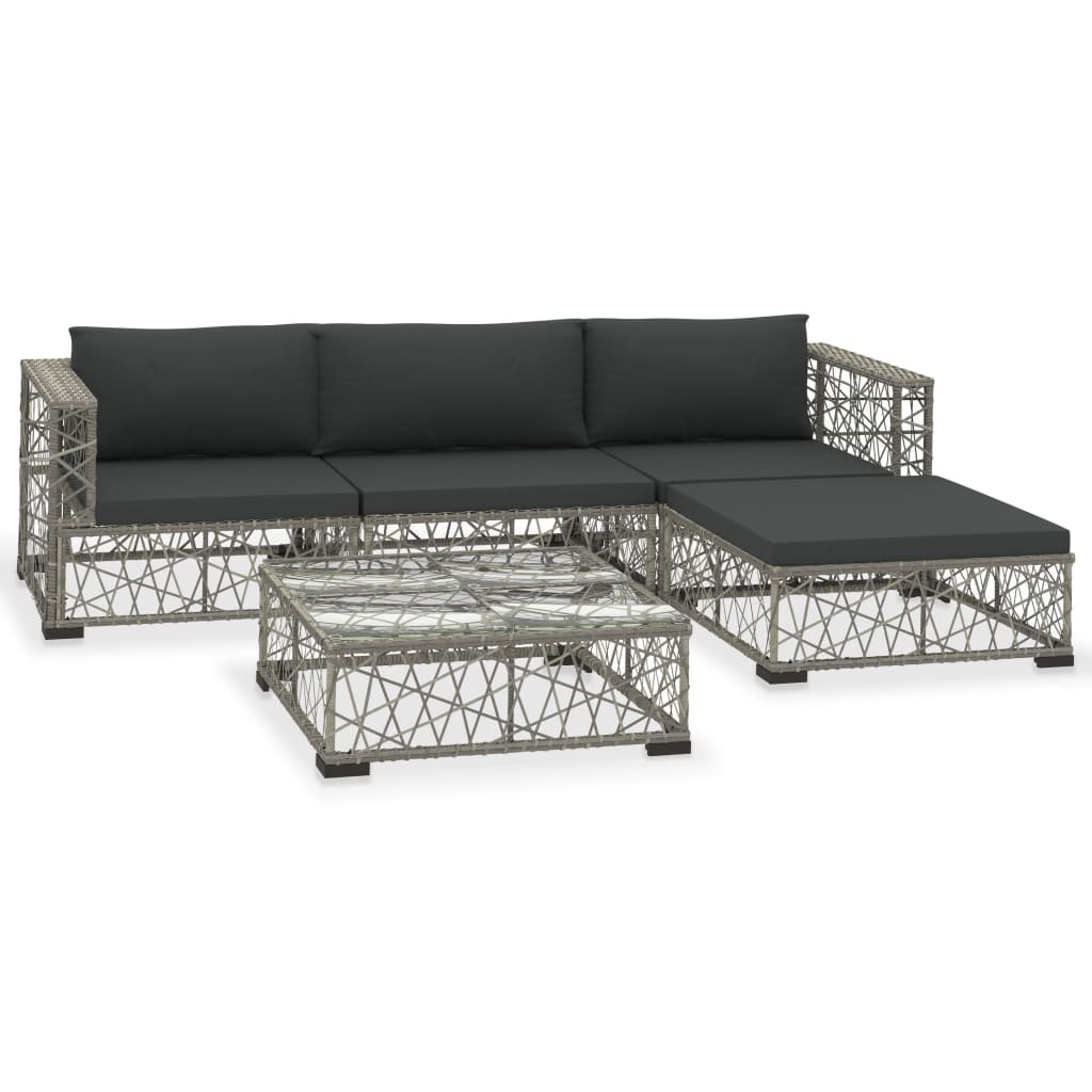 5 Piece Garden Lounge Set with Cushions Poly Rattan Grey - Image 2