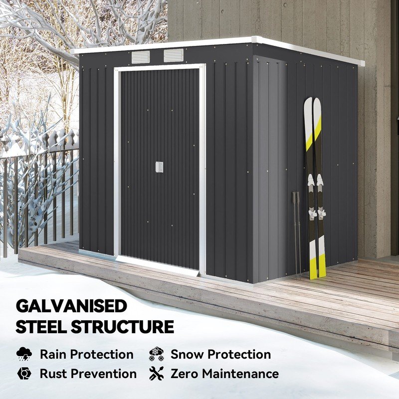 7 x 4ft Metal Garden Storage Shed w/ Double Door Dark Grey - Image 6