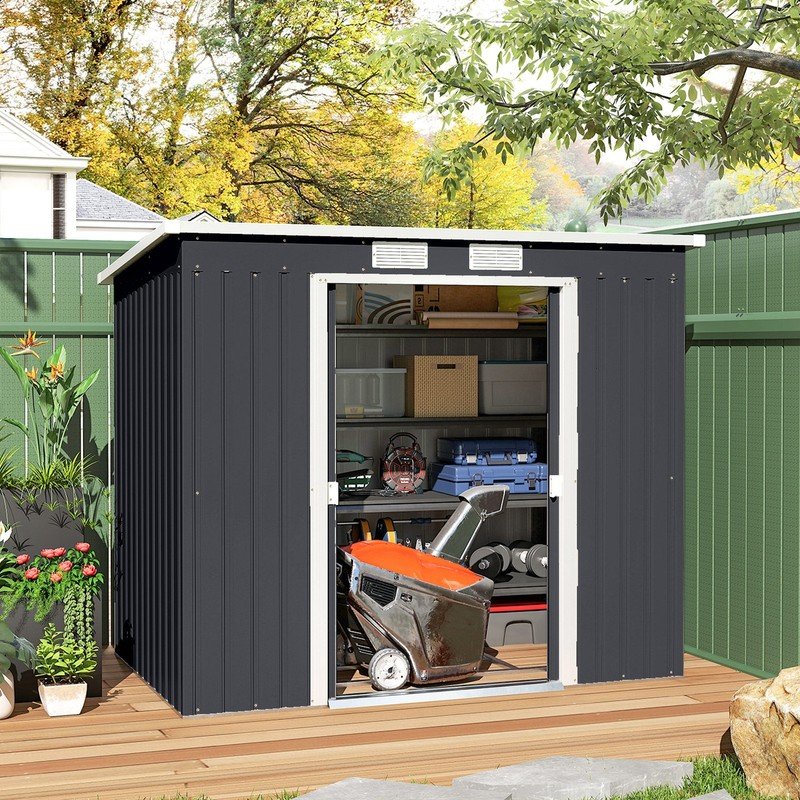 7 x 4ft Metal Garden Storage Shed w/ Double Door Dark Grey - Image 9