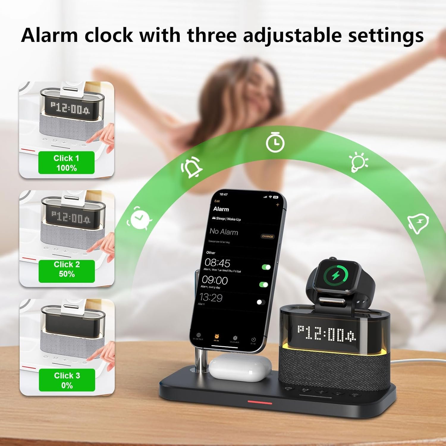 Apple Wireless Charging Station With Alarm Clock & Night Light - Image 4