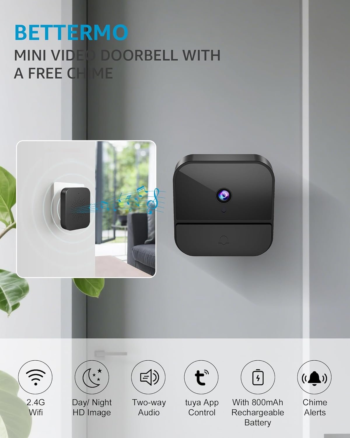 Wireless Video Doorbell with Camera, 1080P WiFi Video Doorbell Security Camera with Built-in Battery, 2.4GHz WiFi, Night Vision/2-Way Audio/Supports SD & Cloud Storage, Includes Chime - Image 2