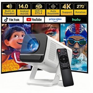 Mini Projector for Bedroom Portable WiFi 6 and Bluetooth 5.4, Built-in Apps Android 14 OS 1080P Support Ceiling Home Theater Auto Keystone 270° Rotatable Indoor Outdoor VisualCube 300 White