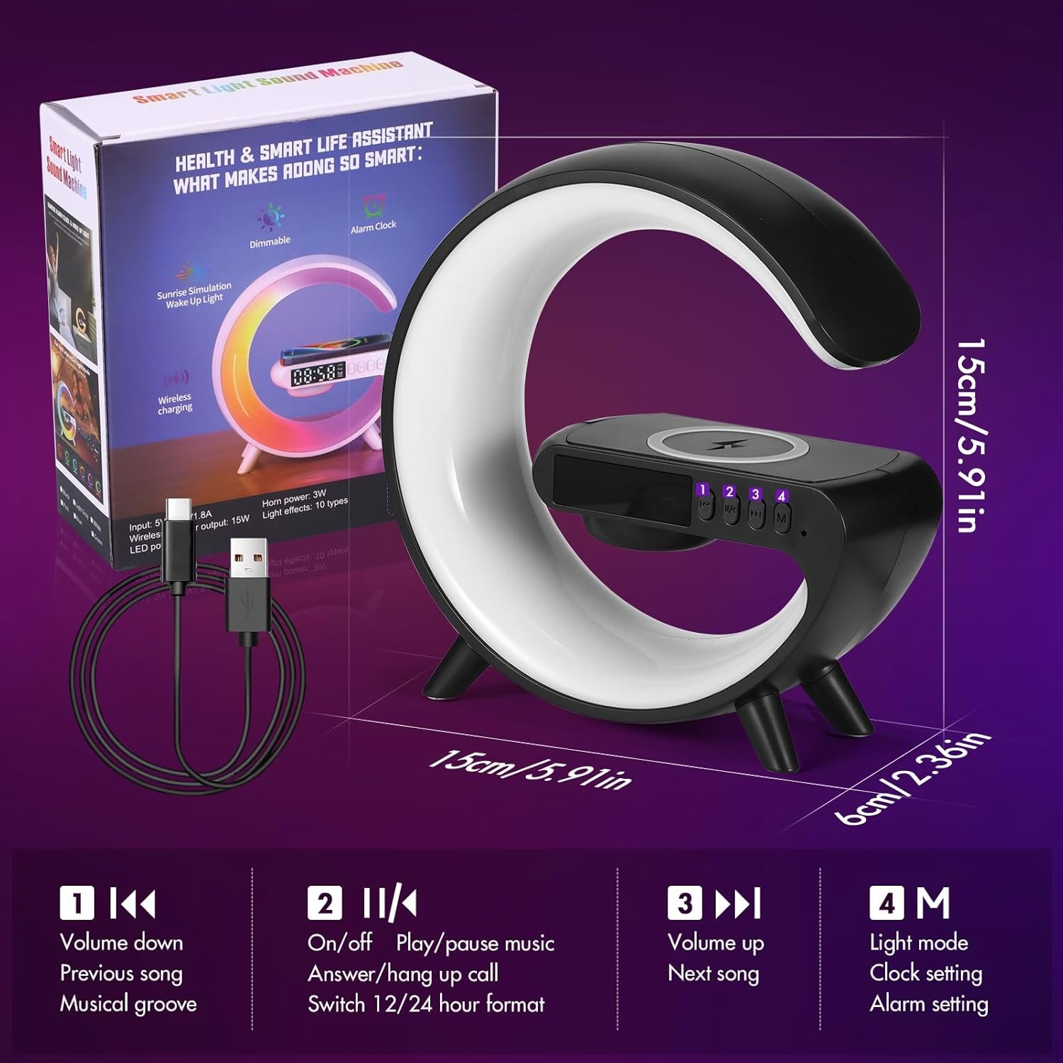 RGB Speaker Wireless Charger Lamp Alarm Clock - Image 7