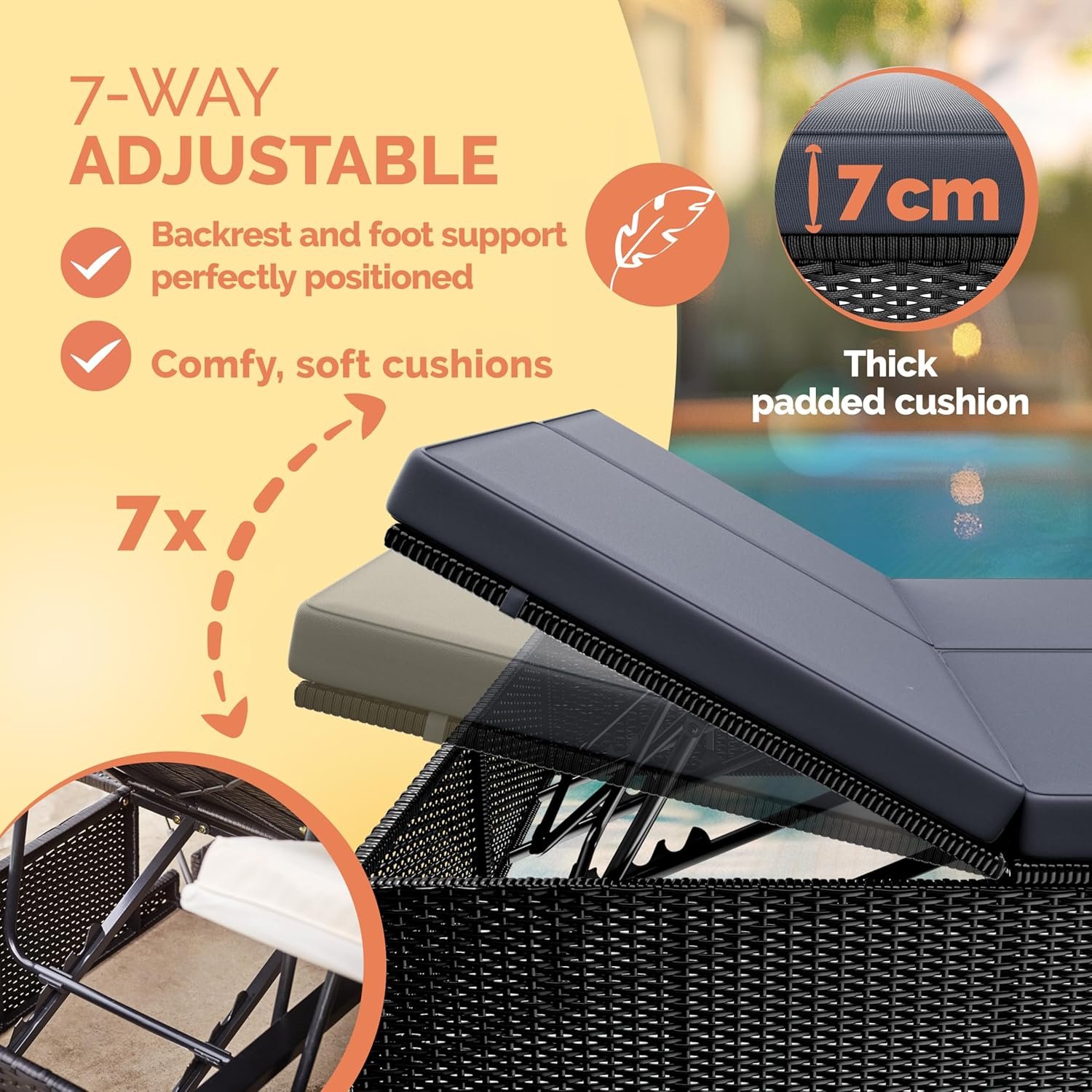 7-Position Poly Rattan Adjustable Weatherproof Sun Lounger - Image 5