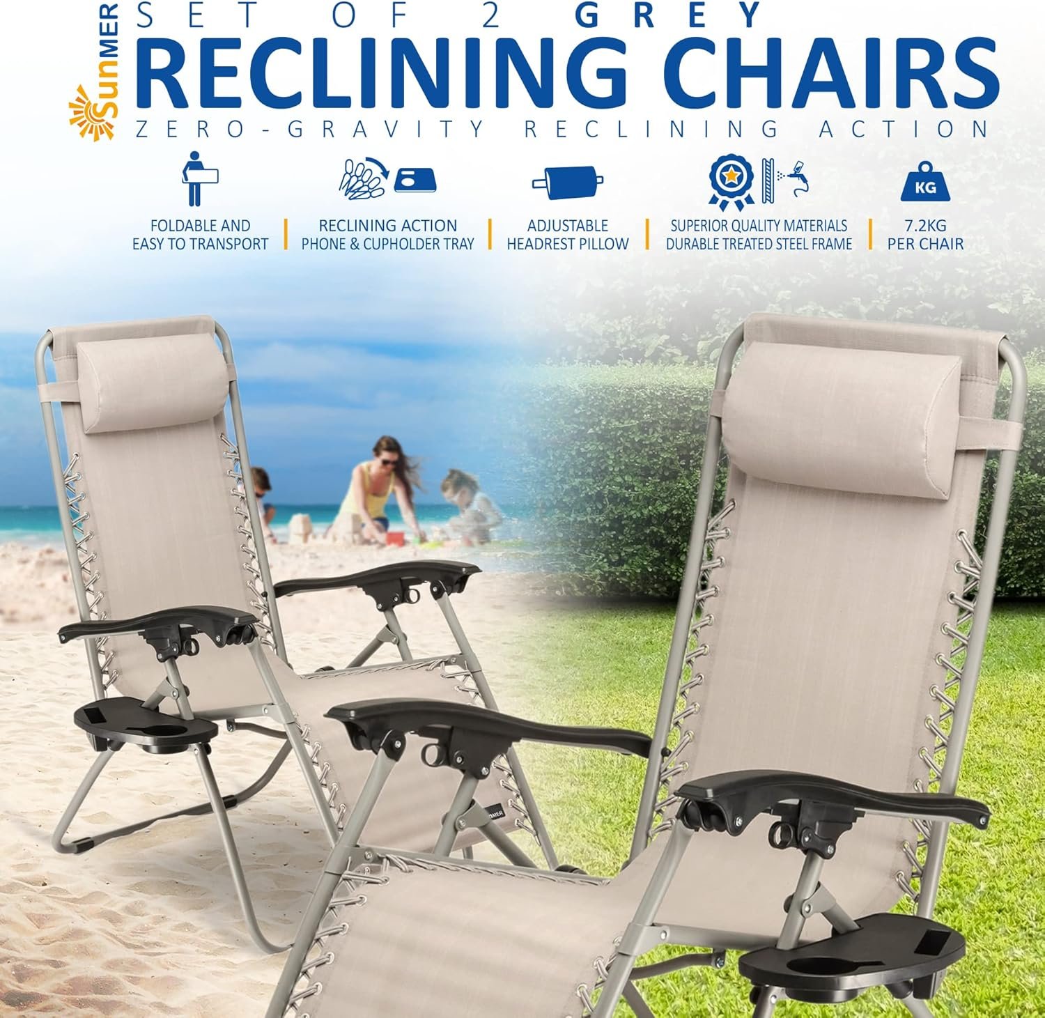 Set of 2 Zero Gravity Chairs Sun lounger with Cup and Phone Holder - Image 4