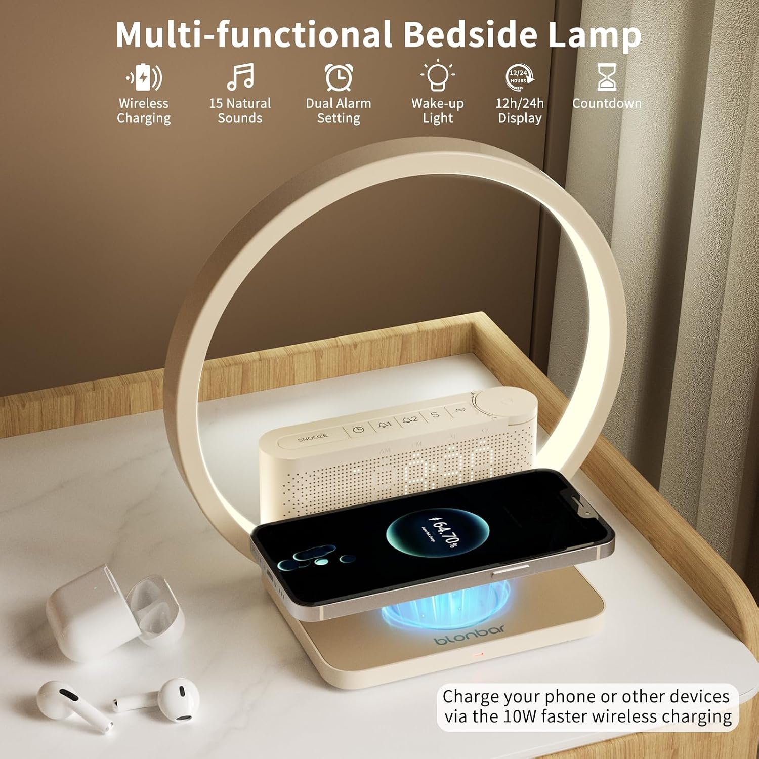 Wake up Lamp Alarm Clock with Wireless Charger - Image 2