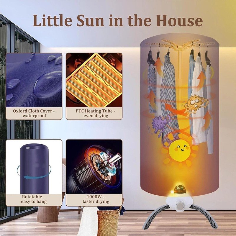 1000W Electric Heated Clothes Airer Dryer with Cover - Image 3